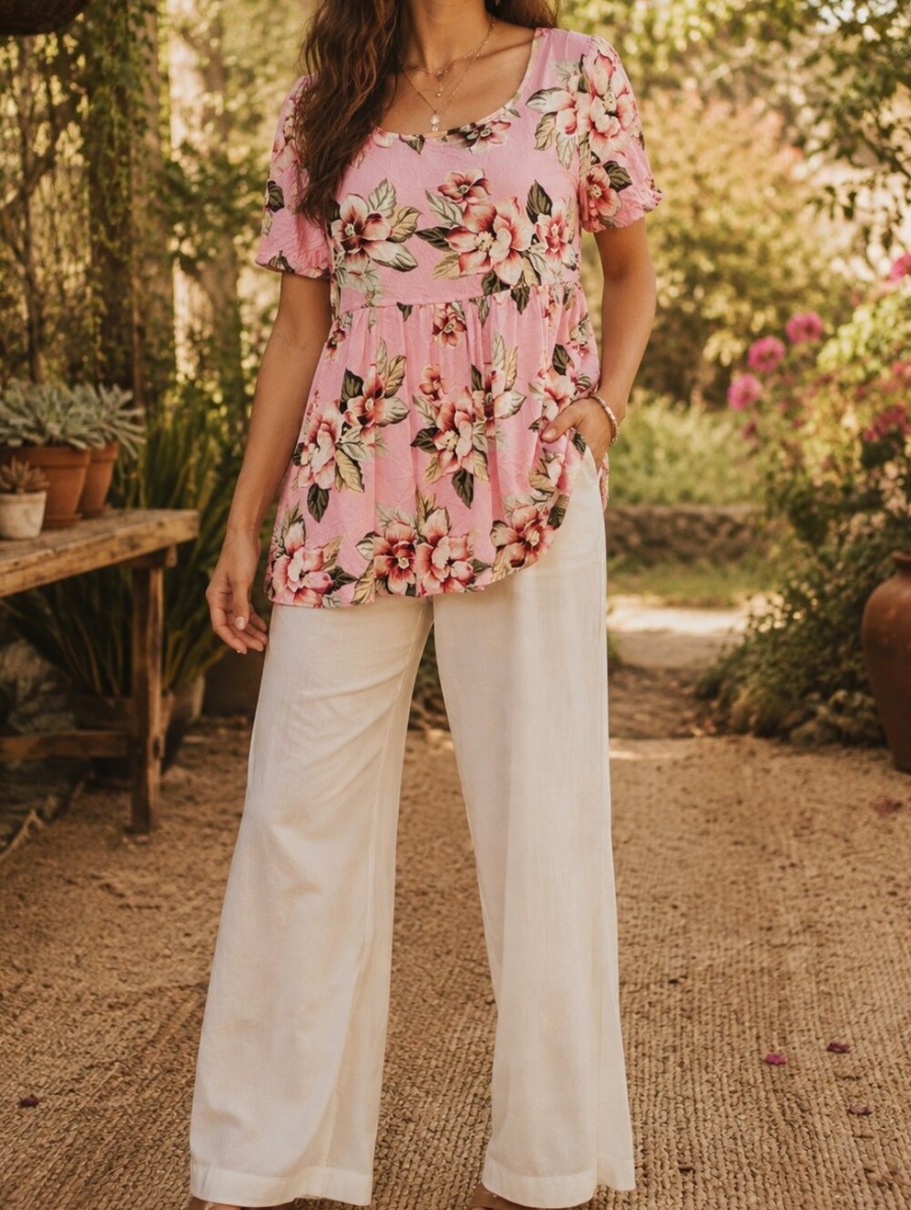 Moda Int’l 100% Rayon Pink Floral Babydoll Top Boho Romantic Cottagecore